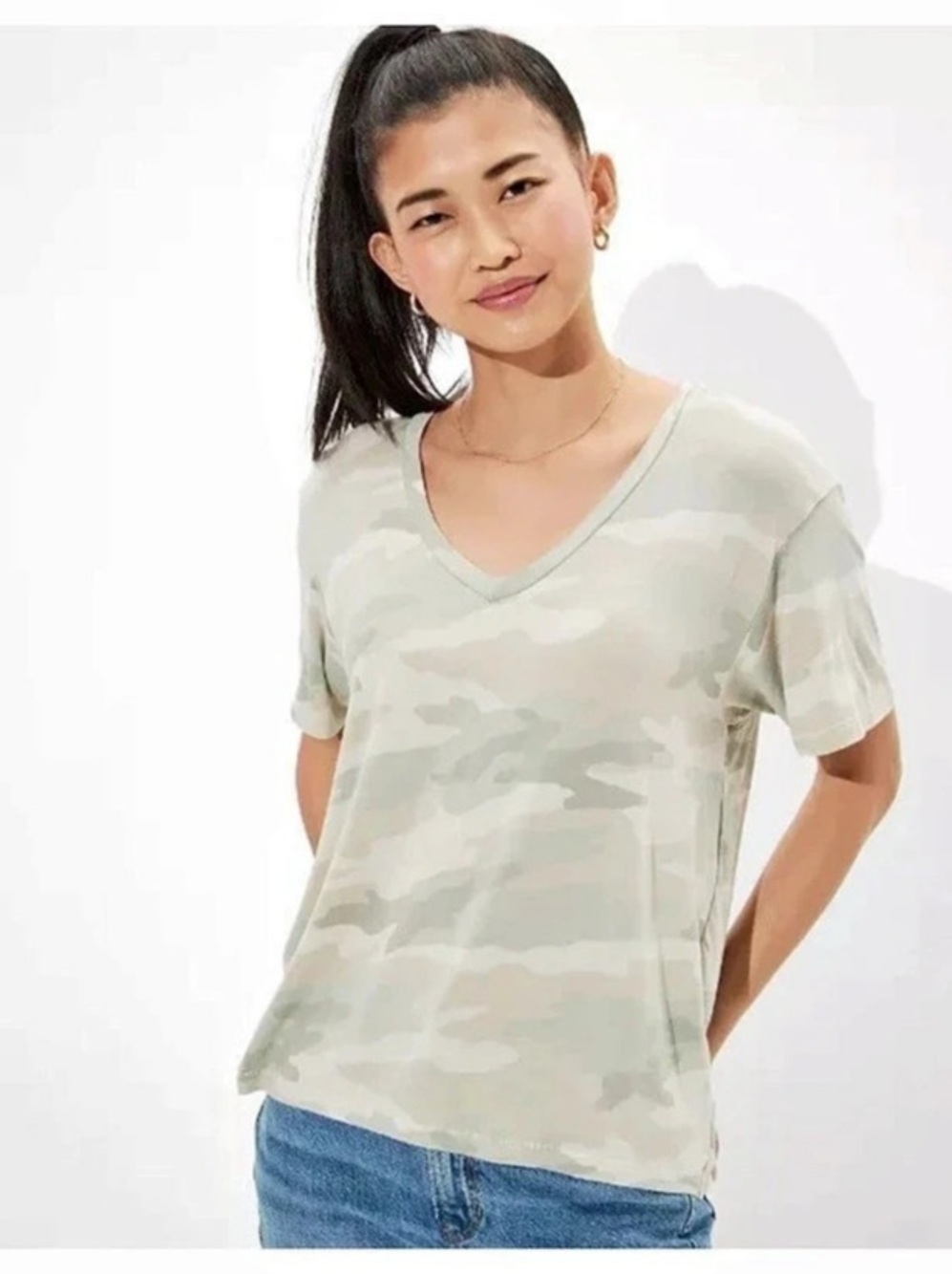 American Eagle Outfitters AE Soft & Sexy V-Neck T-Shirt Camo Green & White